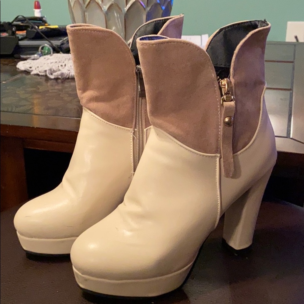 White & Tan Color Block Heeled Booties, Size 8